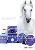 White horse beside Showhite and Naturally White product range including toning conditioner and shampoo bars