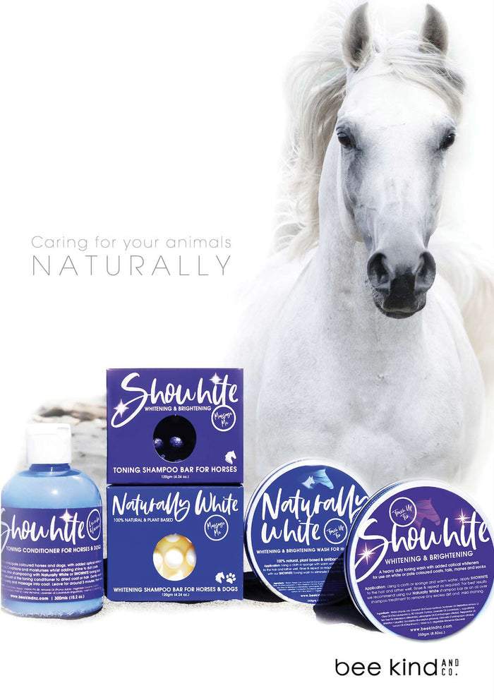 White horse beside Showhite and Naturally White product range including toning conditioner and shampoo bars
