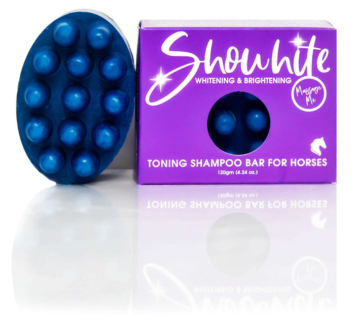 Blue Showhite Toning Shampoo Bar for horses beside its purple box, 120g