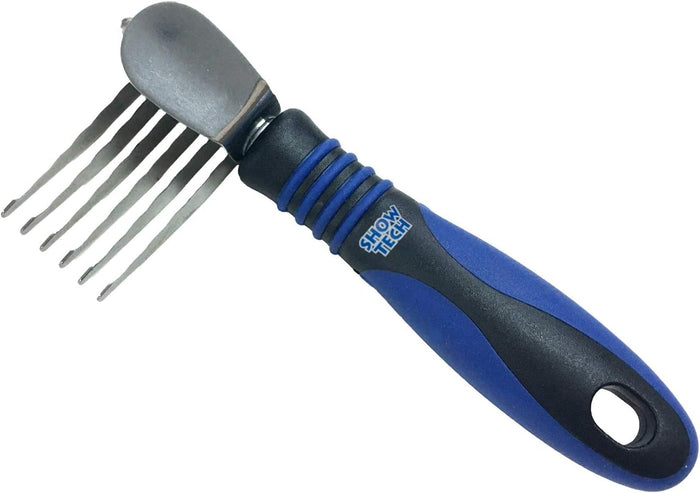 Show Tech 6-blade de-matting comb with blue and black ergonomic handle, close angle