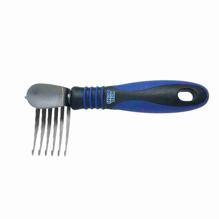 Show Tech 6-blade de-matting comb with blue and black ergonomic handle, side view