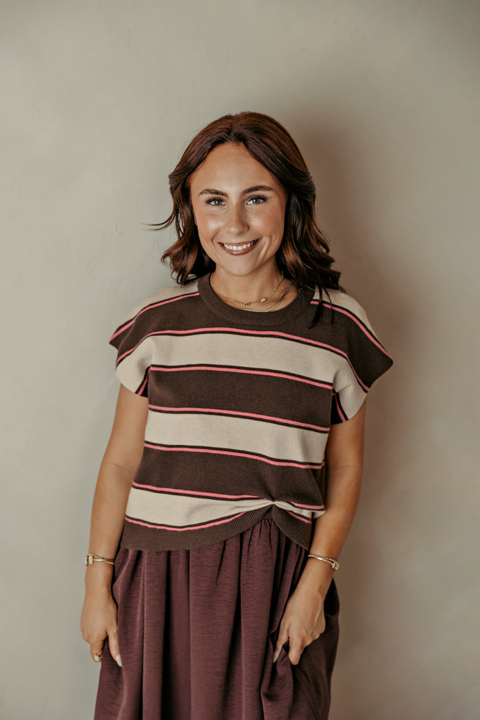 Sleeveless Brown And Plum Striped Dress w/ Sweater
