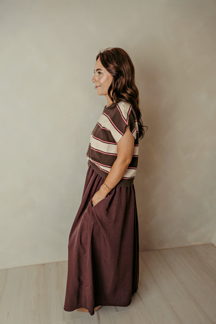Sleeveless Brown And Plum Striped Dress w/ Sweater