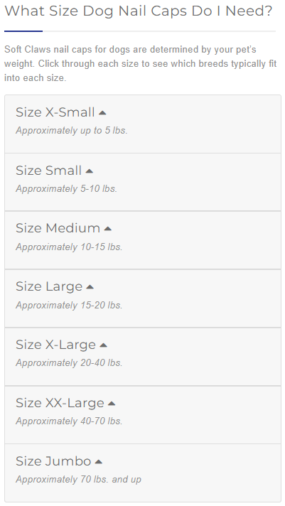 Soft Claws dog nail cap sizing chart from X-Small to Jumbo by weight