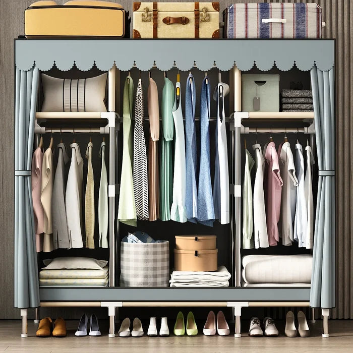 Spacious Wardrobe with Dustproof Cover - Durable Steel Frame - Ideal for Bedroom, Dorm, Entryway Organization