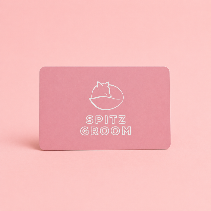 Pink Spitz Groom gift card with fox logo