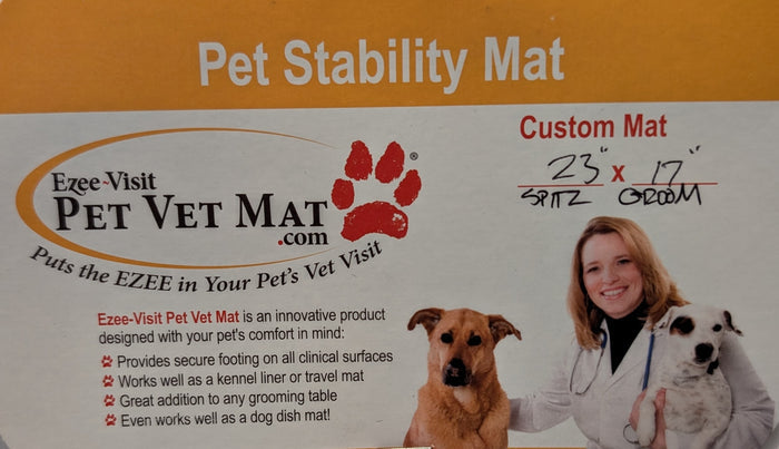 Product label for the Spitz Groom custom Pet Stability Mat, 23 x 17 inches, with vet and dog photo