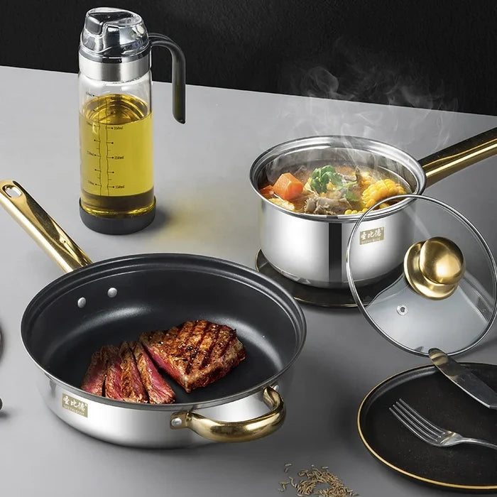 Stainless Steel Pot Set 12-piece Set Gold Handle Set Non-Stick Frying Pan