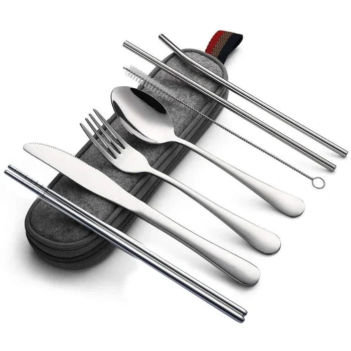 Tableware Reusable Travel Cutlery Set Camp Utensils  with Stainless Steel Spoon Fork Chopsticks Straw Portable Case