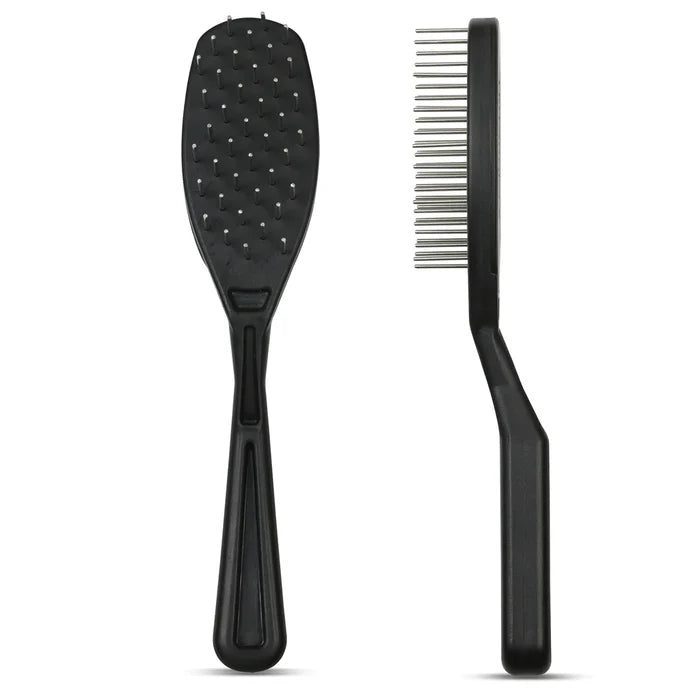 The Untangler PRO Brush shown from front and side, black oval head with rotating pins
