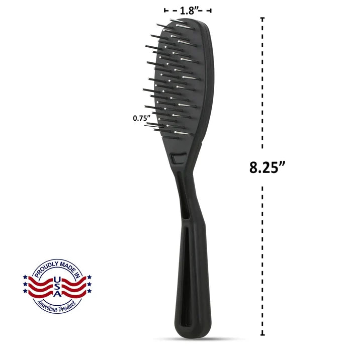 The Untangler PRO Brush with dimensions labelled 1.8 x 8.25 inches and a Made in USA badge