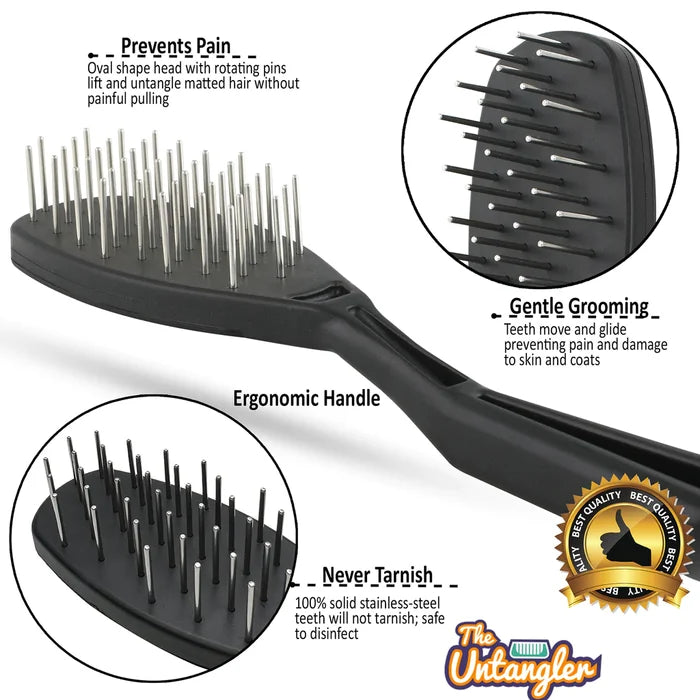 Close-up collage of The Untangler PRO Brush highlighting its rotating pins, ergonomic handle and stainless-steel teeth