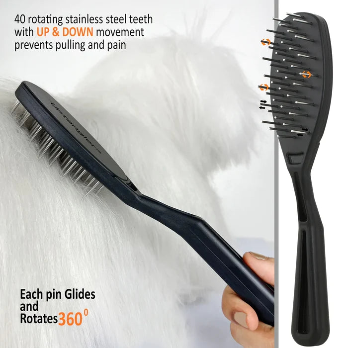 Infographic of The Untangler PRO Brush being used on a fluffy white dog, highlighting its 40 rotating stainless steel teeth