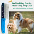The Untangler Tangle-Tamer DeShedding comb beside a rough collie and a goldendoodle puppy