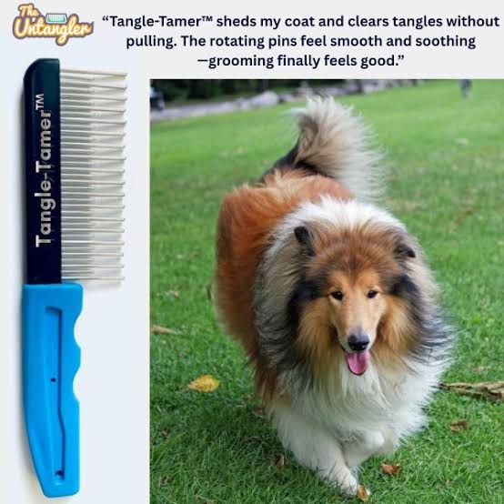 The Untangler Tangle-Tamer comb beside a rough collie running on grass with a customer testimonial quote