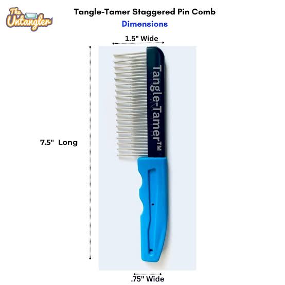 The Untangler Tangle-Tamer comb with dimensions labelled 1.5 inches wide and 7.5 inches long