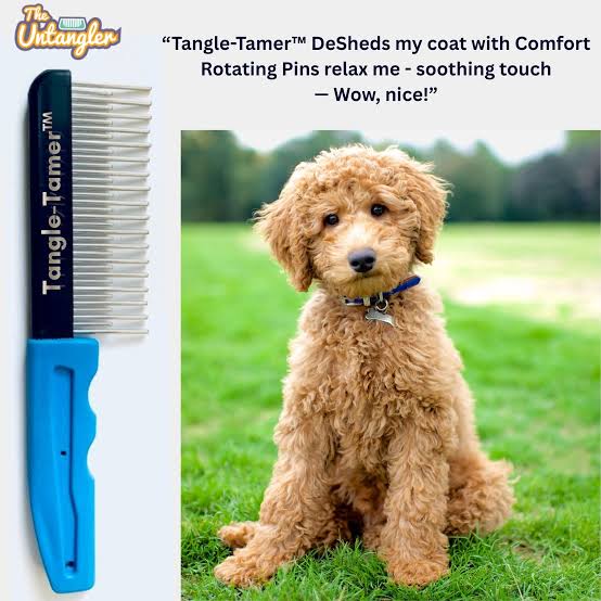 The Untangler Tangle-Tamer comb beside a poodle puppy in a field with a customer testimonial quote