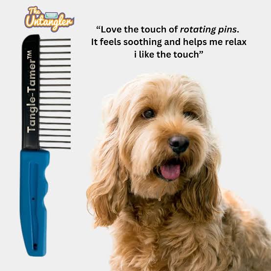 The Untangler Tangle-Tamer Wide comb beside a cockapoo with a customer testimonial quote