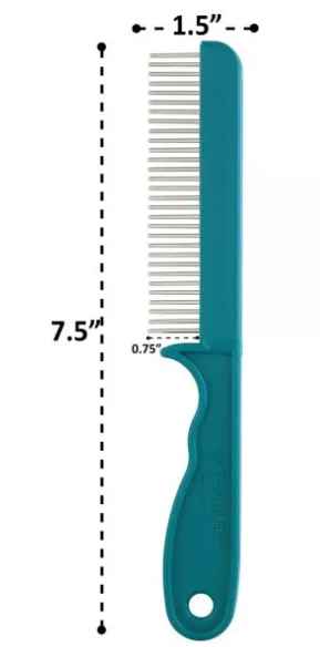 Teal Untangler Super-Groom II comb with dimensions labelled: 7.5 inches long, 1.5 inch head