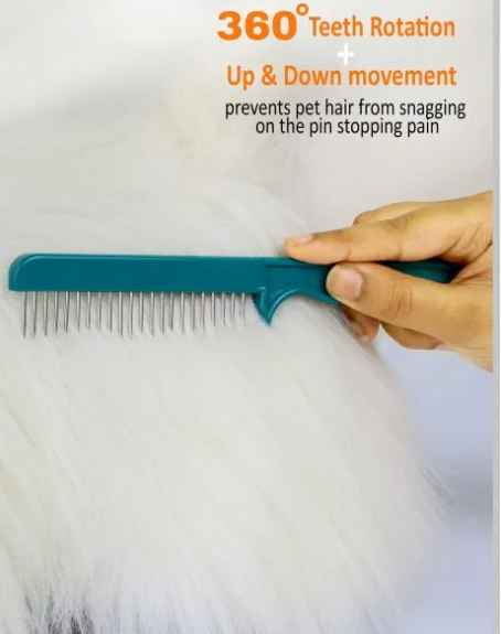 Hand using a teal Untangler Super-Groom II comb with rotating teeth on a fluffy white dog's coat