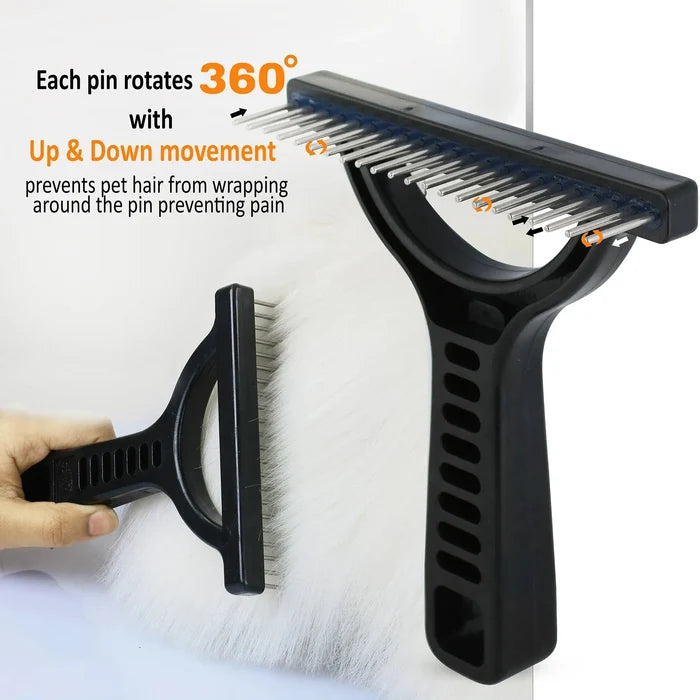 Untangler grooming rake shown on white fur, illustrating 360-degree rotating pin teeth