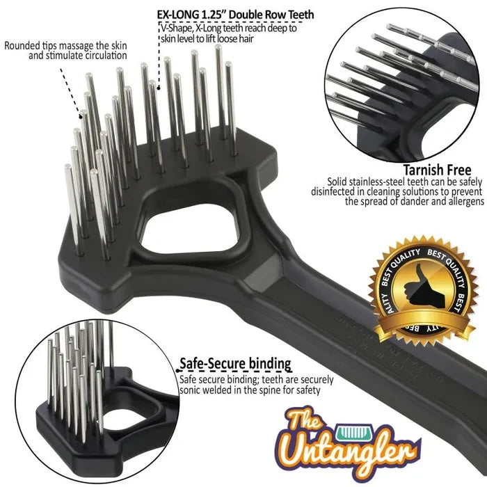 Infographic of the Untangler Extra Long Tooth Mini Rake highlighting its 1.25 inch double row teeth and safety features