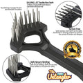Infographic of the Untangler Extra Long Tooth Mini Rake highlighting its 1.25 inch double row teeth and safety features
