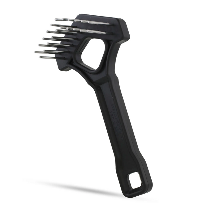 Untangler Extra Long Tooth Mini Rake, black handle with double row rotating teeth, angled view