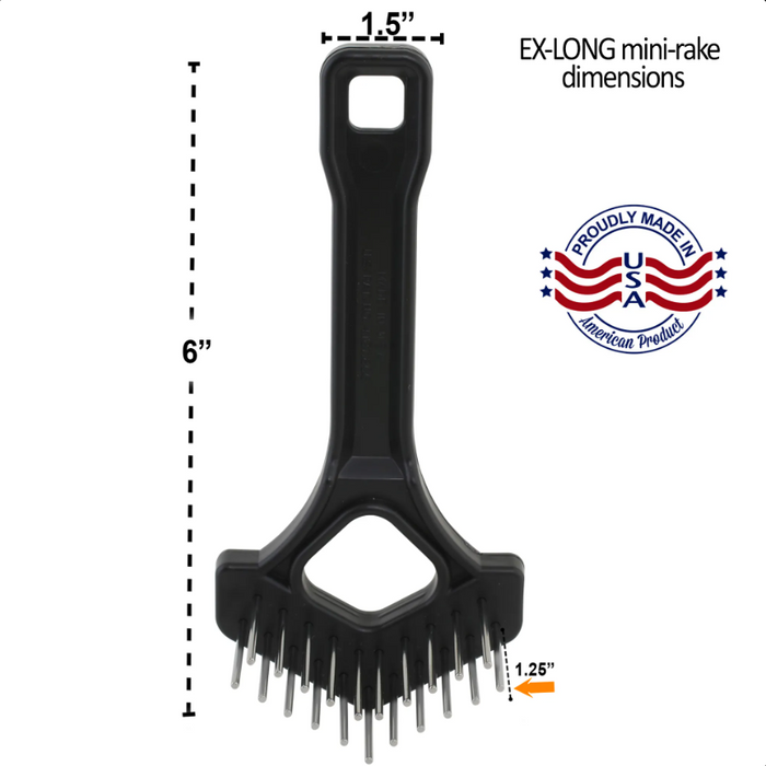 Untangler Extra Long Tooth Mini Rake with dimensions labelled 1.5 x 6 inches and a Made in USA badge