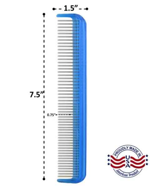 Untangler Pet Comb with Rotating Teeth, blue handle, with dimensions labelled 1.5 x 7.5 inches