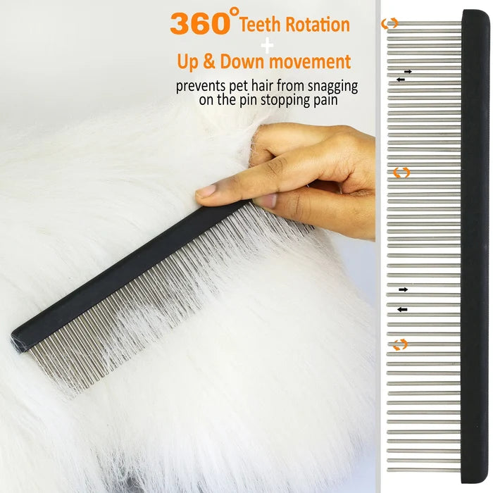 Hand using the Untangler Professional Groomer II Comb on a white fluffy dog's coat, showing 360-degree teeth rotation
