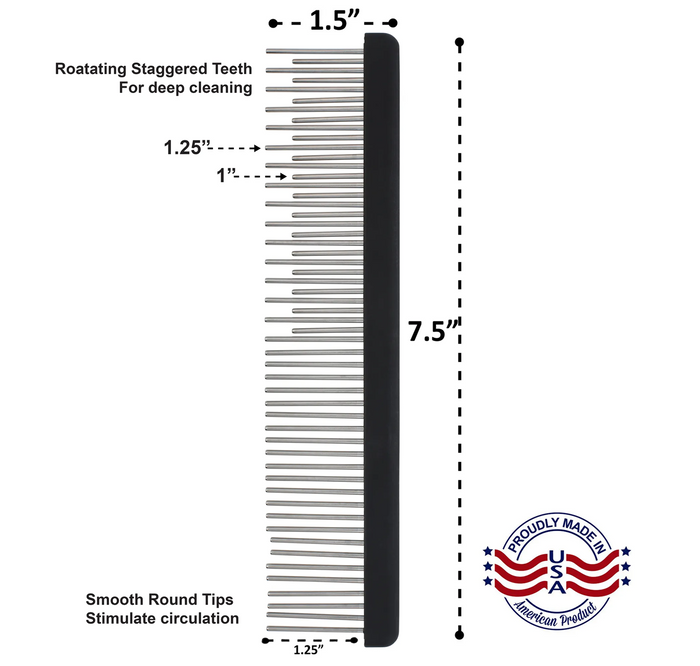 Untangler shedding comb spec diagram showing tooth spacing and Made in USA badge