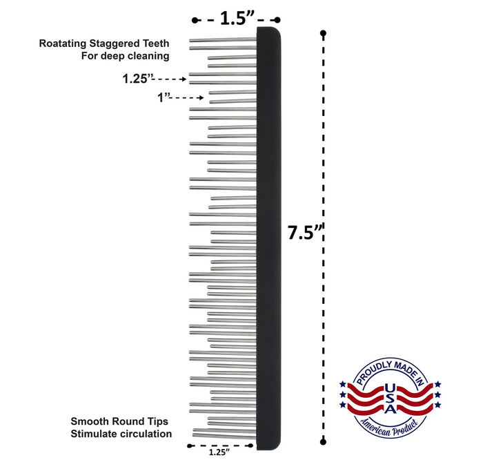 Untangler shedding comb spec diagram showing 7.5 inch length and staggered rotating teeth pattern