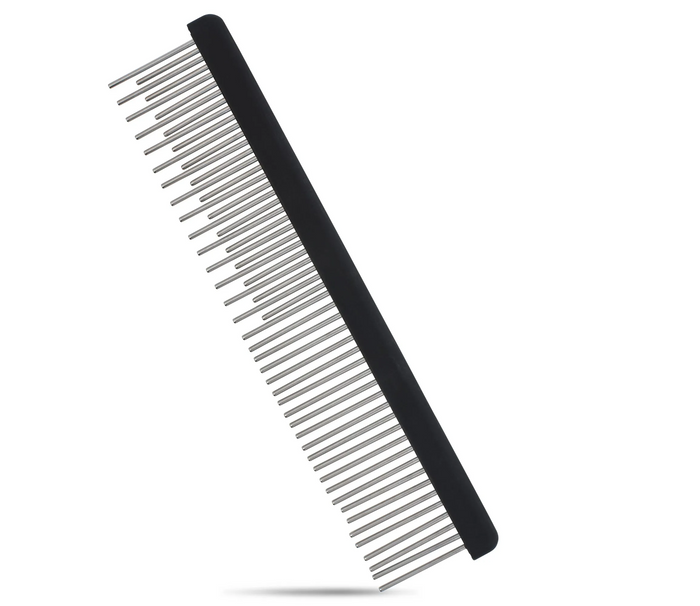 Black Untangler shedding comb with alternating long and short staggered rotating teeth, angled view