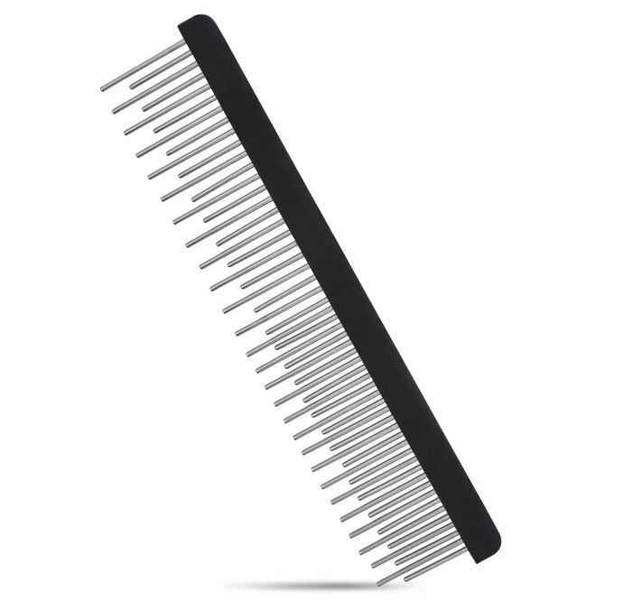 Black Untangler shedding comb with full-length staggered rotating teeth, angled view