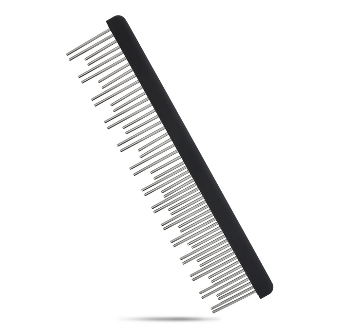 Black Untangler shedding comb with double-row staggered rotating teeth, angled view