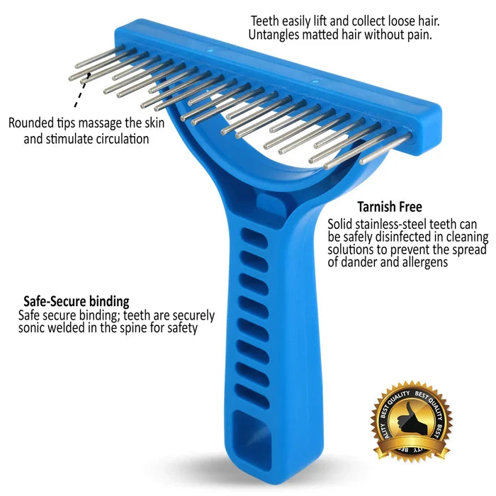 Infographic of the blue Untangler Shedding Rake highlighting its teeth, rounded tips and tarnish-free construction