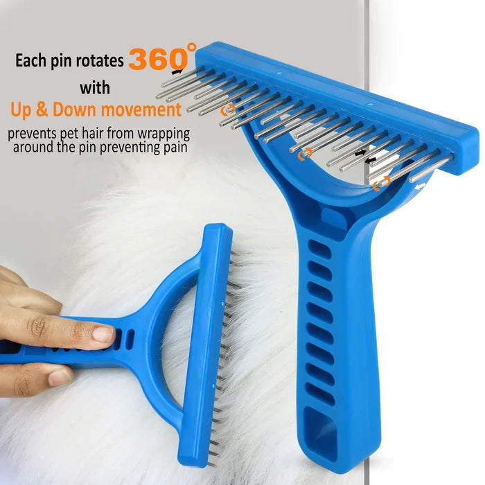 Hand using the blue Untangler Shedding Rake on white fur, highlighting 360-degree rotating pins
