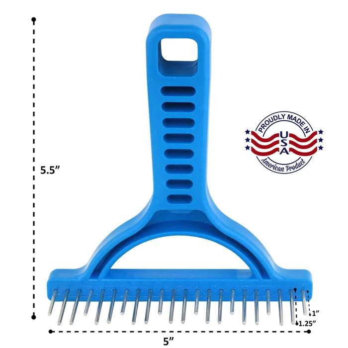 Blue Untangler Shedding Rake with dimensions labelled 5.5 x 5 inches and a Made in USA badge