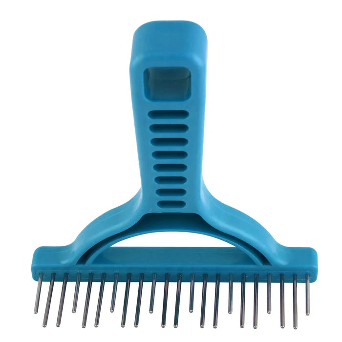 Turquoise Untangler Shedding Rake, front view showing staggered rotating teeth
