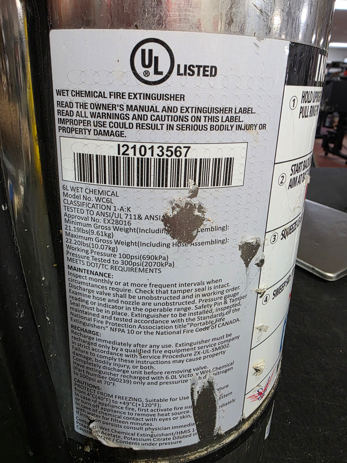 Unused Victory WC6L Class K Wet Chemical Fire Extinguisher