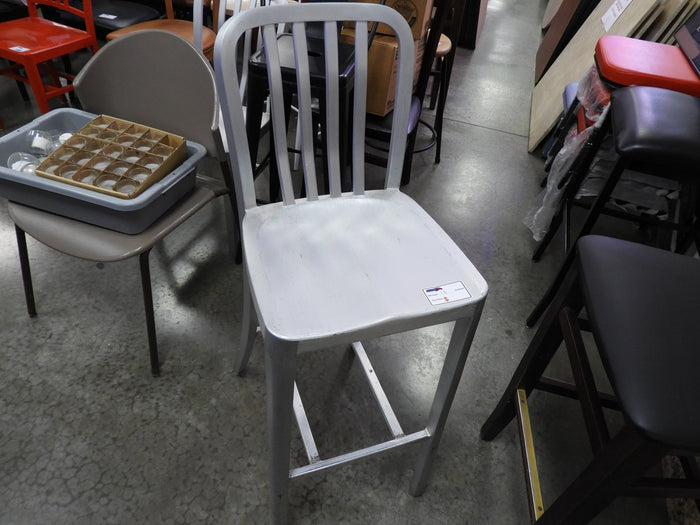 Used Aluminum Light Weight Silver Navy Indoor / Outdoor Bar Height Stool with Vertical Slat Back - Falcon Restaurant Supply - 1