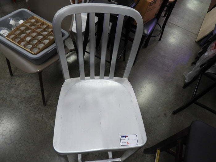 Used Aluminum Light Weight Silver Navy Indoor / Outdoor Bar Height Stool with Vertical Slat Back - Falcon Restaurant Supply - 2