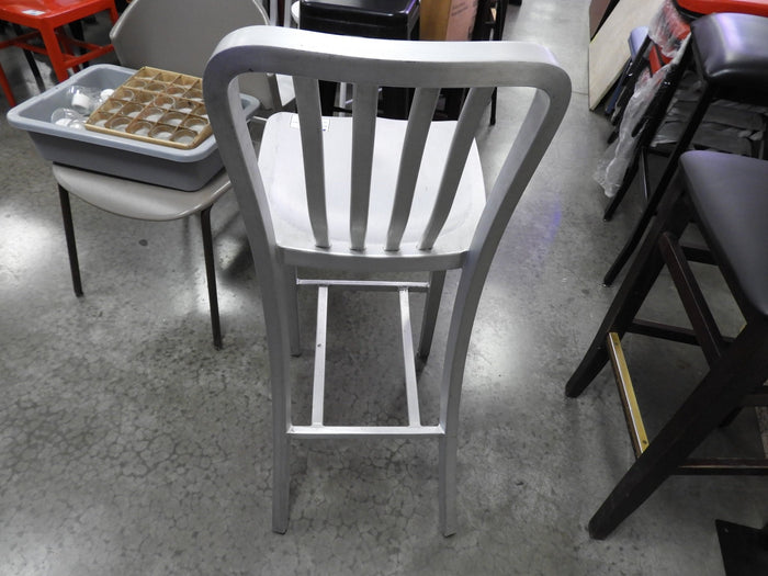 Used Aluminum Light Weight Silver Navy Indoor / Outdoor Bar Height Stool with Vertical Slat Back - Falcon Restaurant Supply - 3