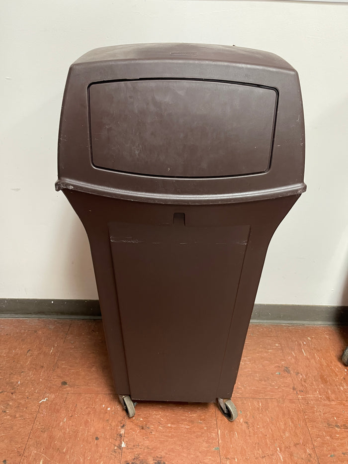 Used Rubbermaid 35 Gallon Plastic Square 2 Door Trash Can on Casters - FG9  - SS406