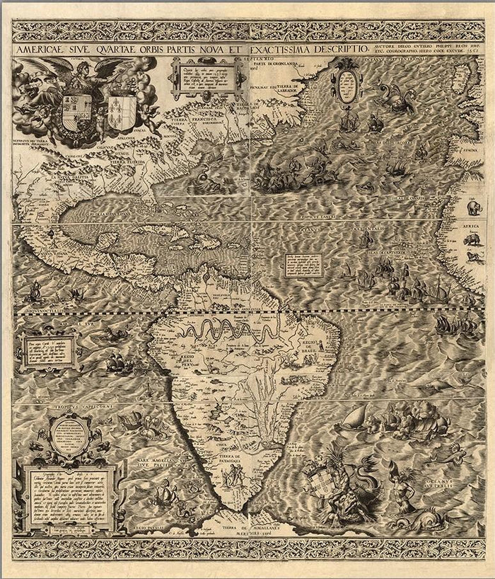 Vintage 1562 Map Of Early Americas Unframed Print Wall Art