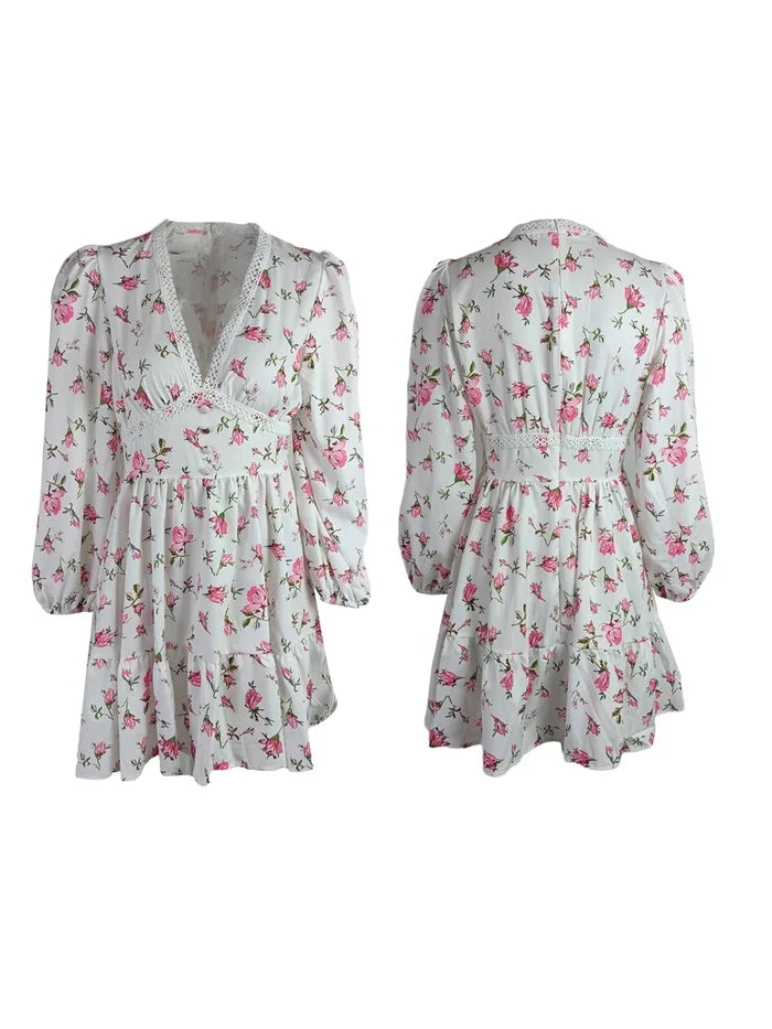 Vintage Women Summer Mini Dress Long Sleeve Floral Print Ruffles V Neck High Waist A-Line Cocktail Vestidos