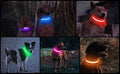 Photo collage of dogs wearing the Waudog LED RGB Dog Collar glowing in purple, blue, red, green and orange