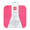 Pink Waudog Silicone Lick Mat with its packaging tag listing features and dimensions