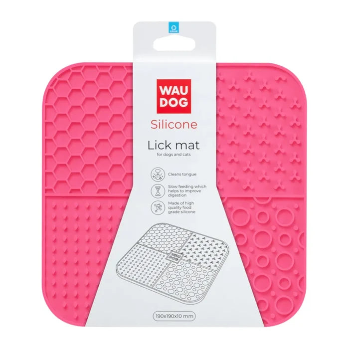 Pink Waudog Silicone Lick Mat with its packaging tag listing features and dimensions